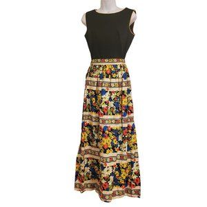 Joan Curtis Vintage Maxi Dress Bright‎ Floral Print Garden Party 70s